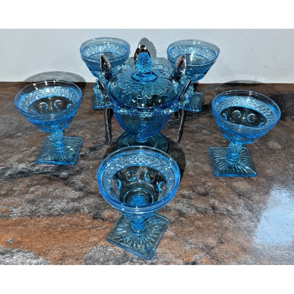 Vintage Indiana Glass Harvest Grape Blue Dessert Set Candy Dish Goblets Spoons